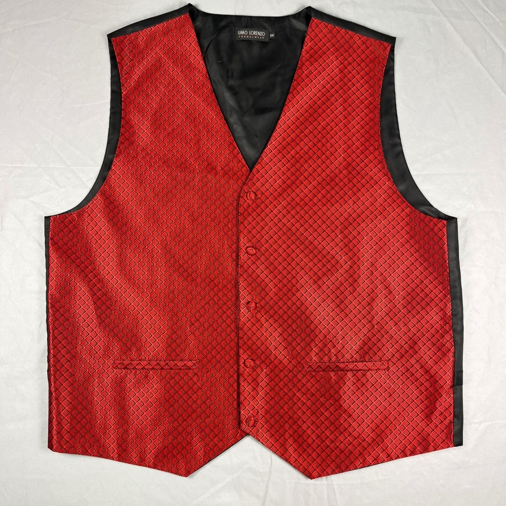 Umo Lorenzo Mens Red Geometric‎ Formal Tuxedo Vest Adjustable Back Size 3X